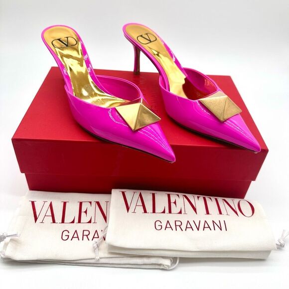 Valentino Garavani One Stud Pink Patent Leather Mules Heels EU 37.5 US 7.5 - Picture 1 of 13